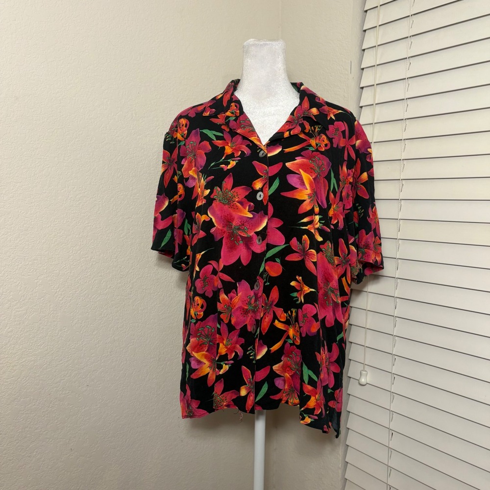 Notations 1X Floral Lily Tropical Hawaiian Shirt Black Pink Retro Summer Resort